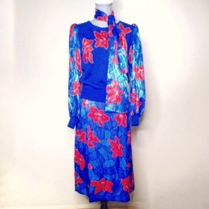 Anthony Sicari Vintage 80s 3 Piece Skirt Sweater Scarf Set Poinsettia M